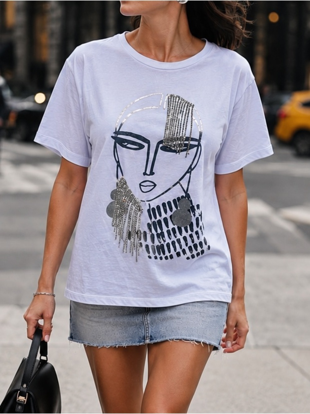 BSB Greece Designer White Graphic T-Shirt With Rhinestone Details Festival Event
